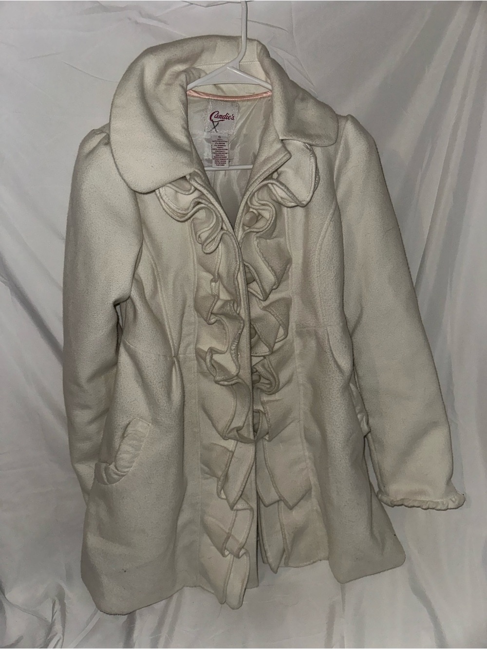 Candie’s Women’s Ruffle Coat Ivory Cream Bow Back Size Small